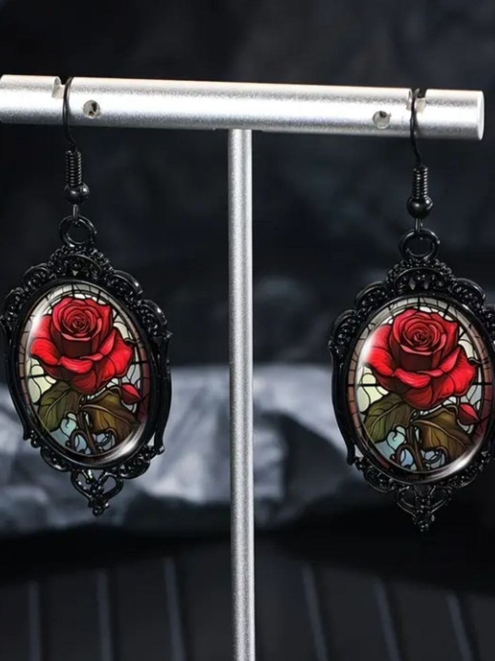 Vintage Black Frame Red Rose Drop Earrings - Picture 2 of 4